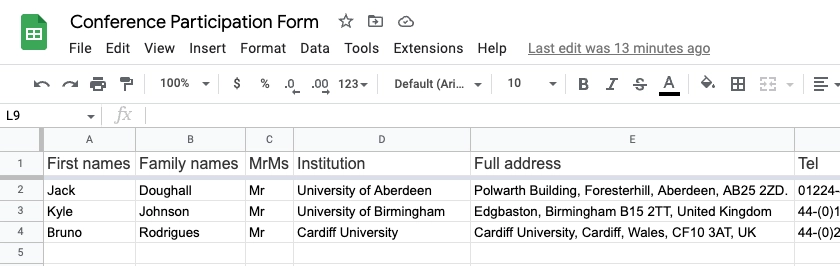 Example of Google Sheet
