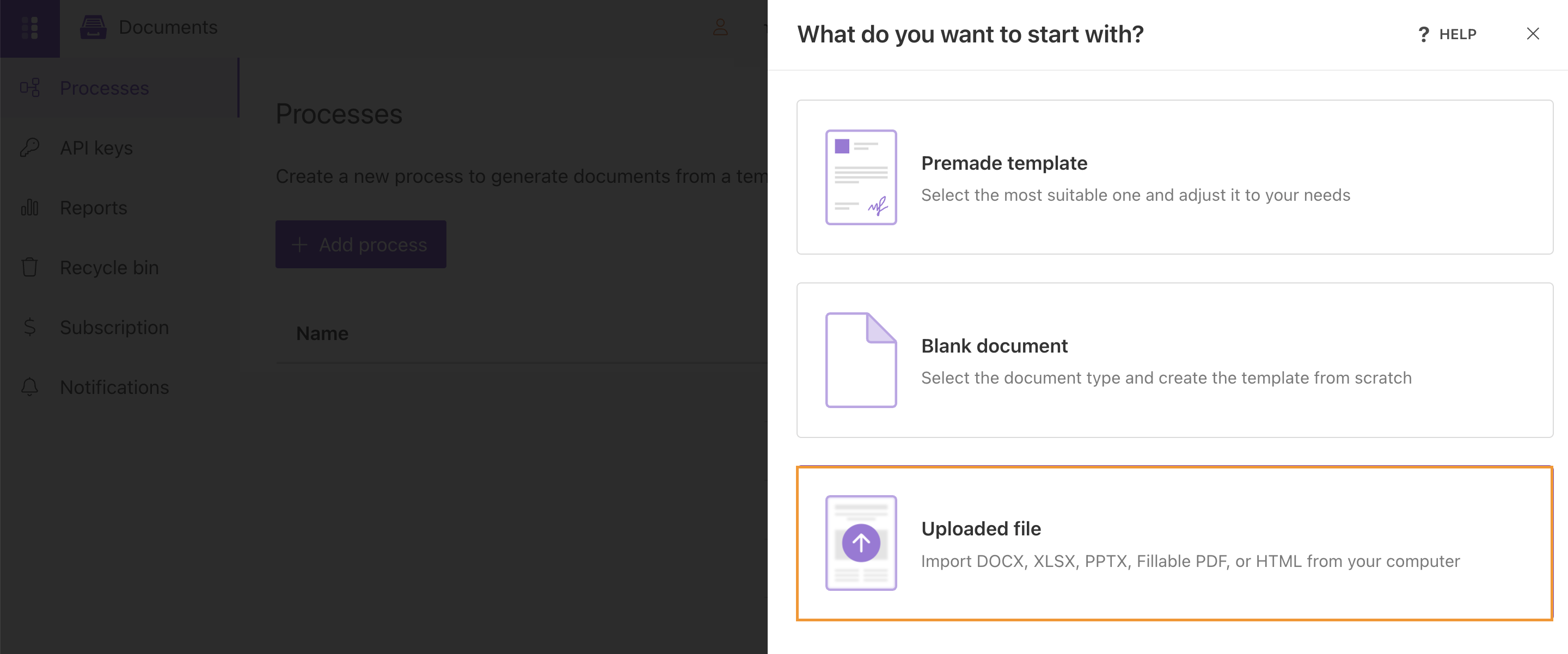 Selecting Uploaded file in the "What do you want to start with?" dialog