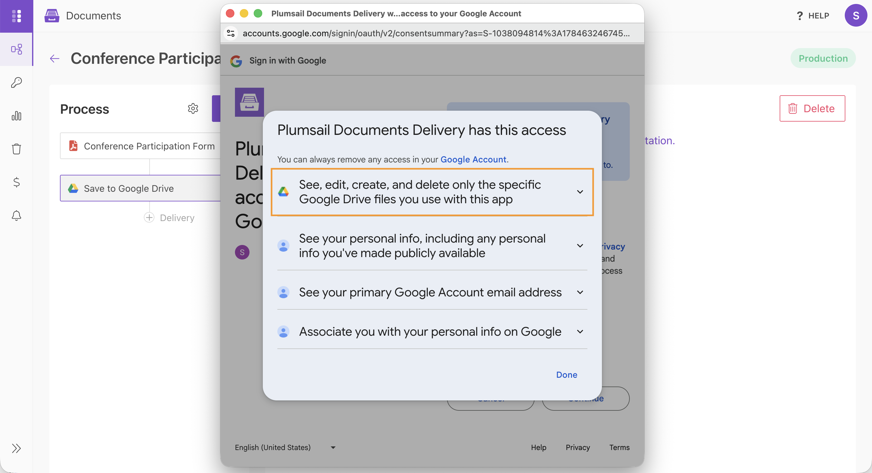 Google account permissions requested by Plumsail Documents Delivery