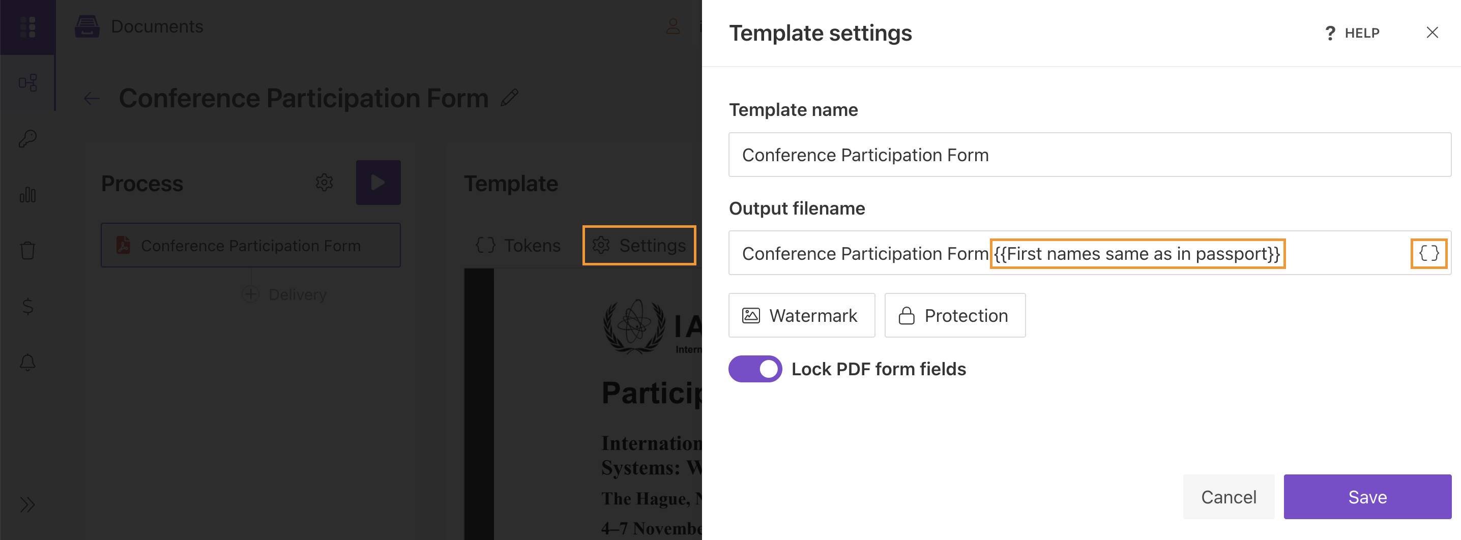 Template settings with output filename, watermark, protection, and Lock PDF form fields