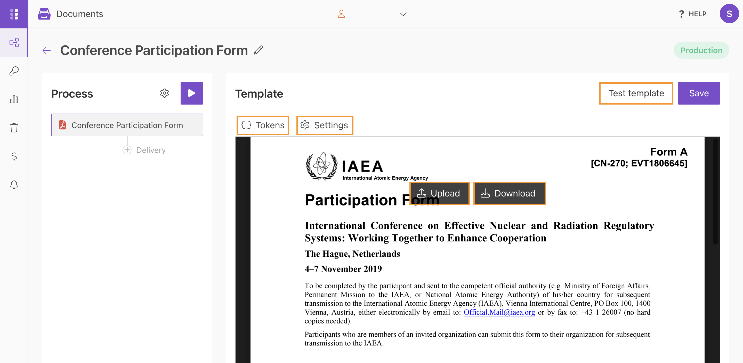 Plumsail Documents editor with Test template, Tokens, Settings, Upload, and Download highlighted