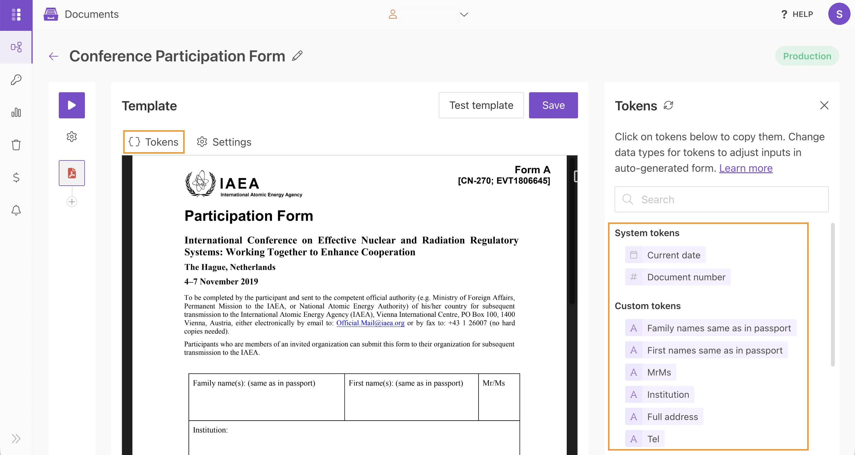 Tokens panel showing system and custom tokens extracted from the PDF form