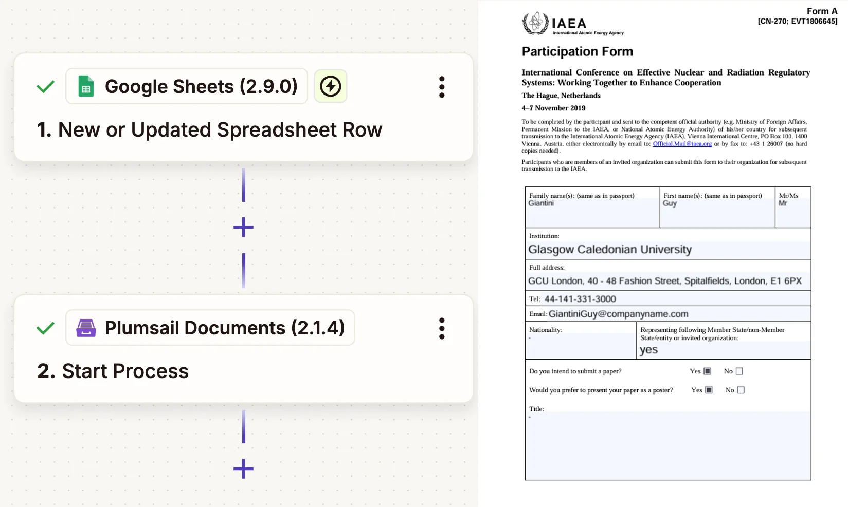 Zap with a Google Sheets trigger and Plumsail Documents action, next to the filled PDF form