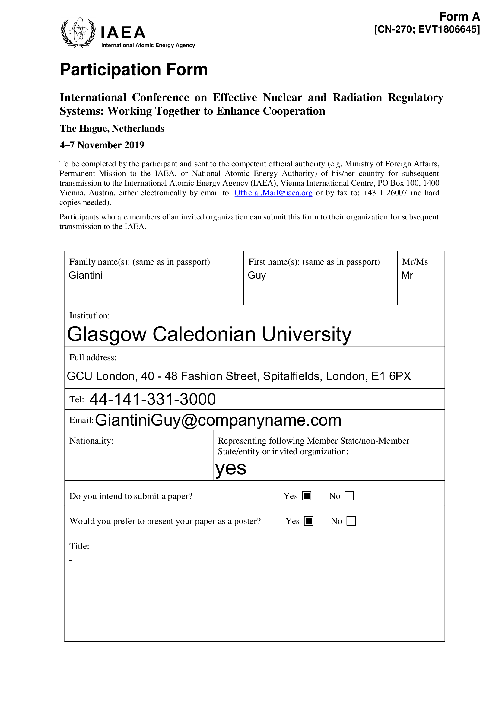 Filled PDF participation form with the participant’s data
