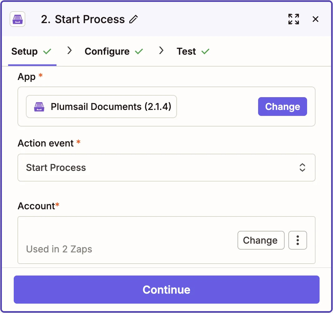 Select "Start process" in Plumsail Documents action