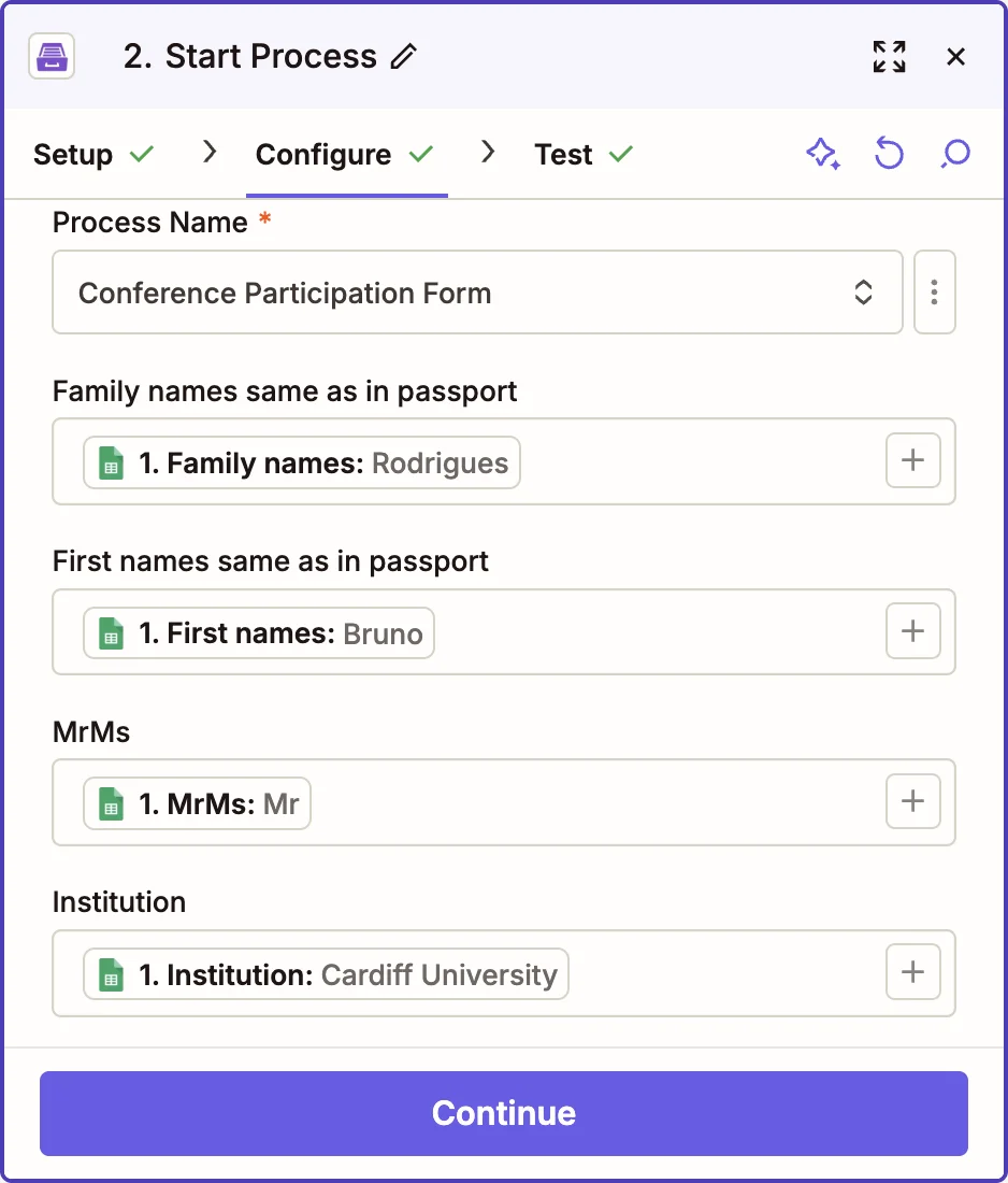 Configure "Start process" action