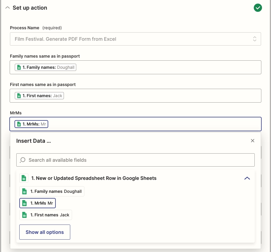 Set up "Start process" action