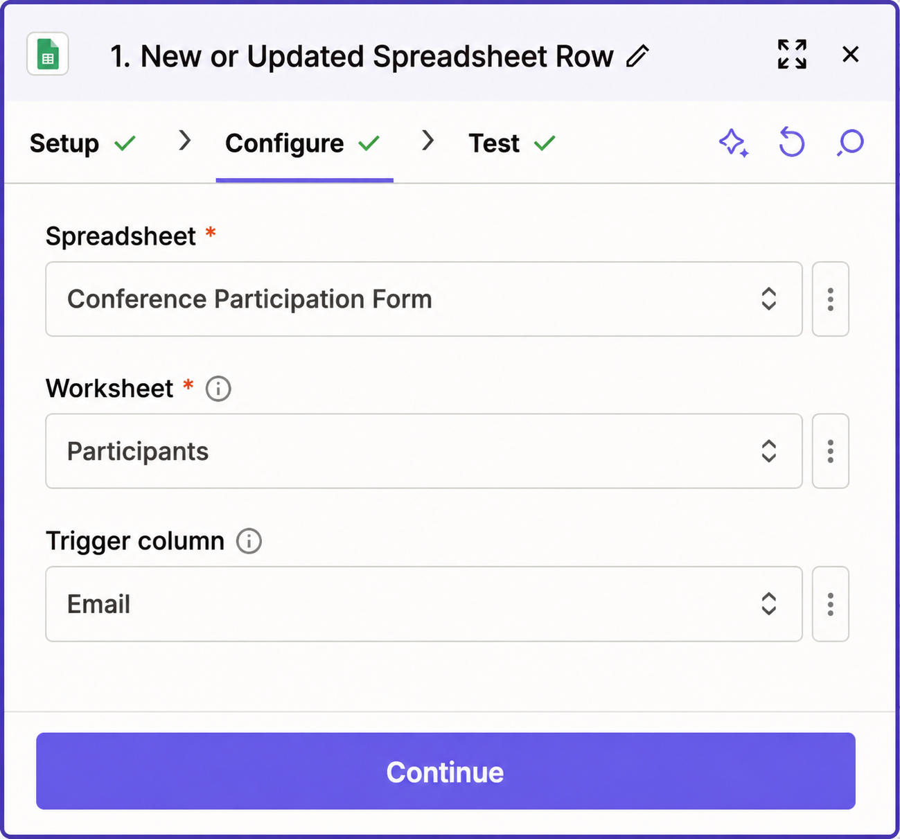 Google Sheets trigger configured with spreadsheet, worksheet, and trigger column