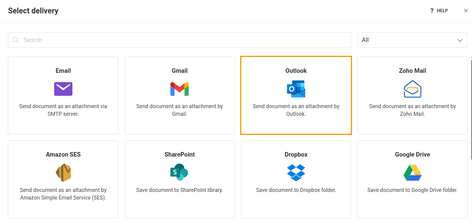 Outlook delivery configured for generated documents