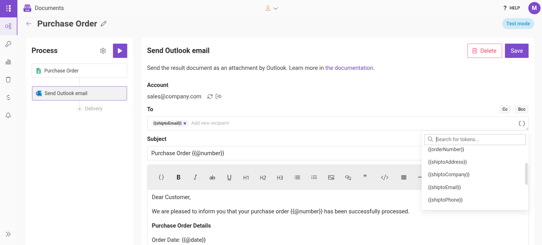 Outlook delivery settings with recipient, subject, and email body configuration