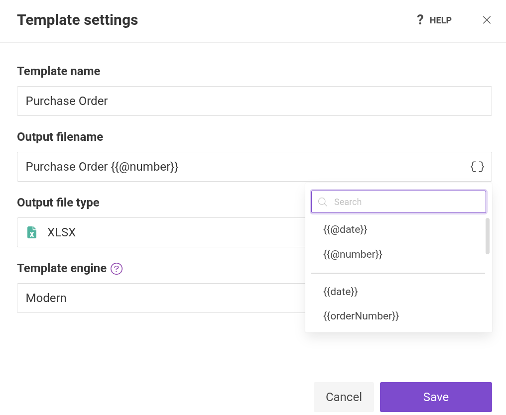 Process settings showing document format and dynamic file name configuration
