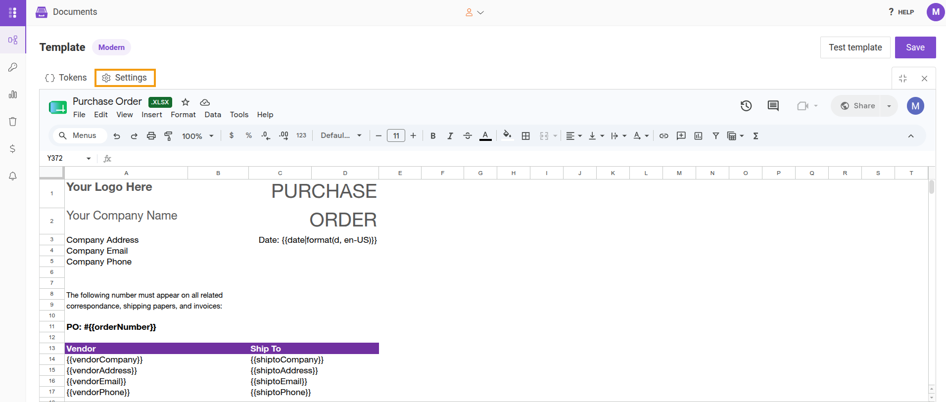 Editor view highlighting the Settings option