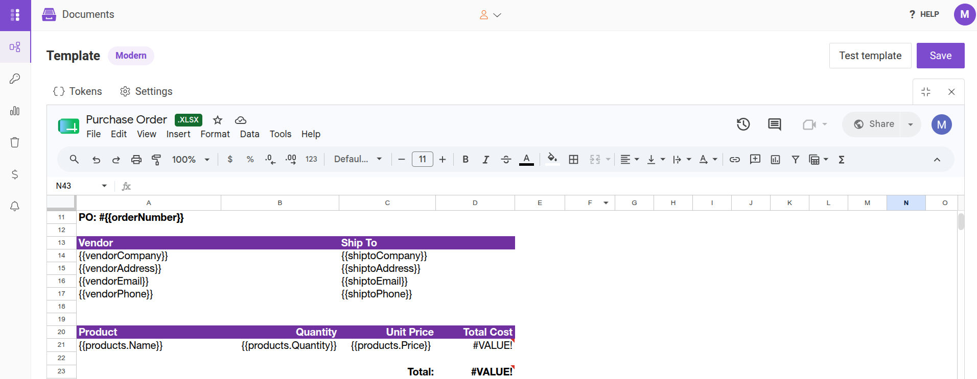 Excel template containing Plumsail template tokens