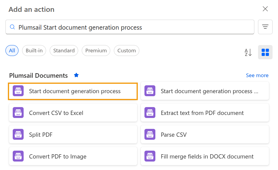 Start document generation process action with process selection and template data field