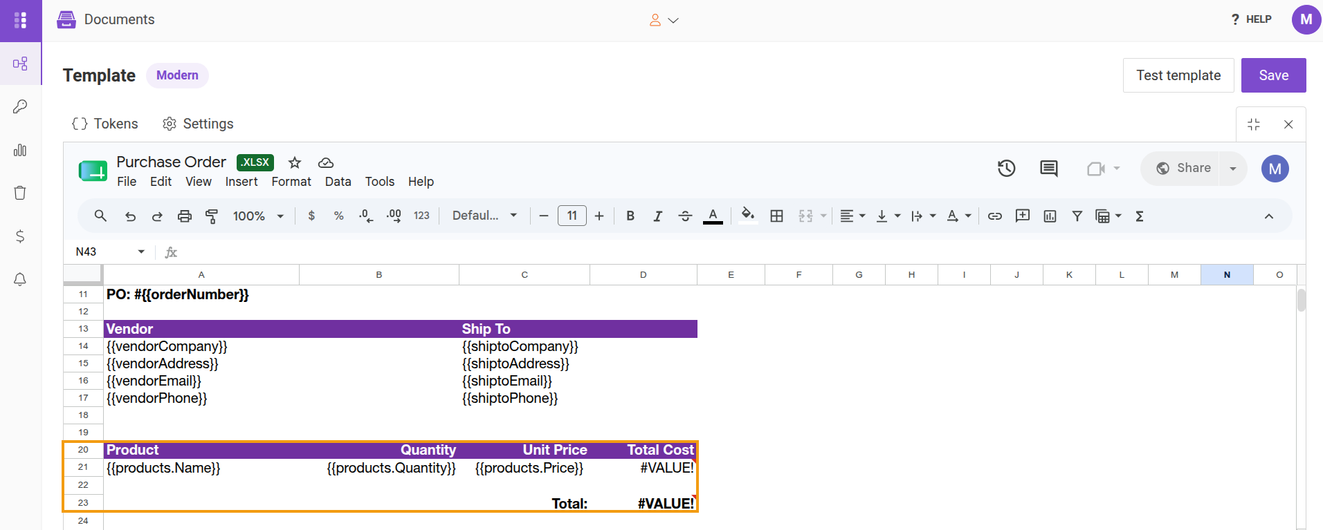Nested tokens in Excel template to loop and render product details