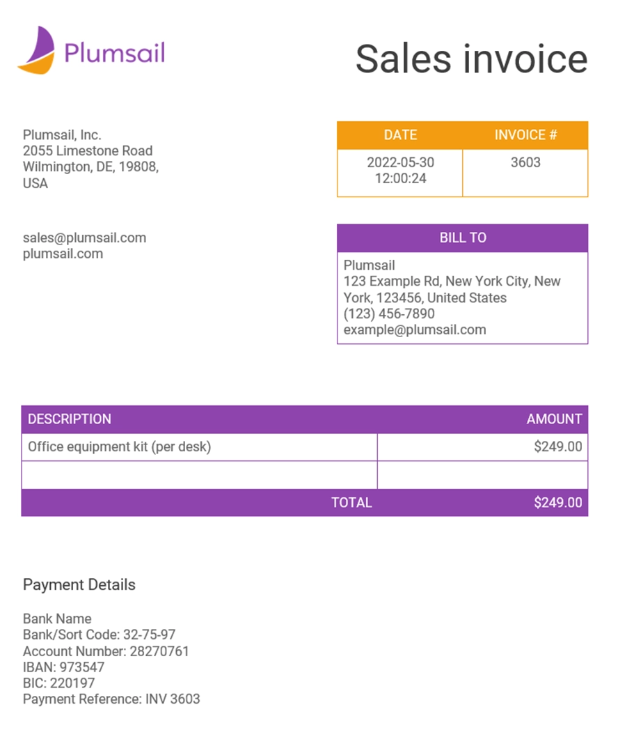 Sales Invoice generated from Gravty Forms submission