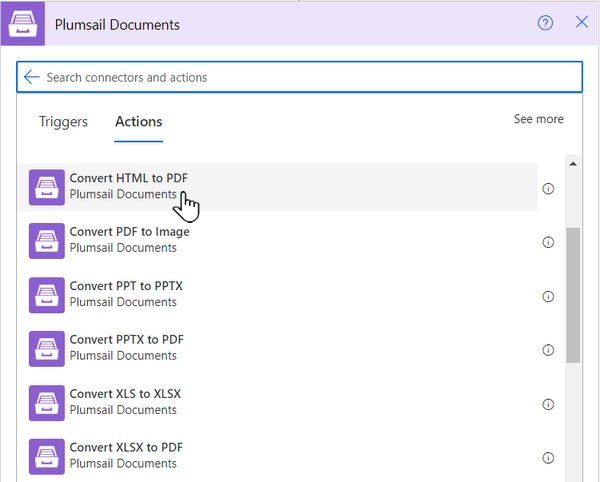 add convert html to pdf action