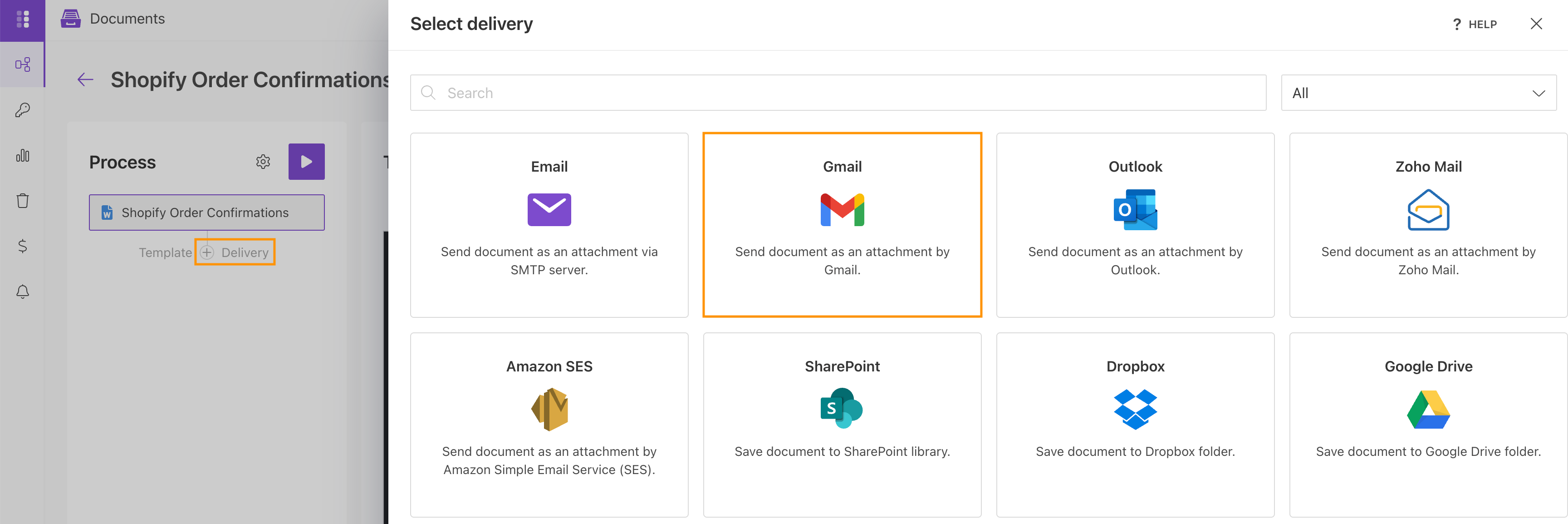 Add a Gmail delivery to send generated order confirmations to customers
