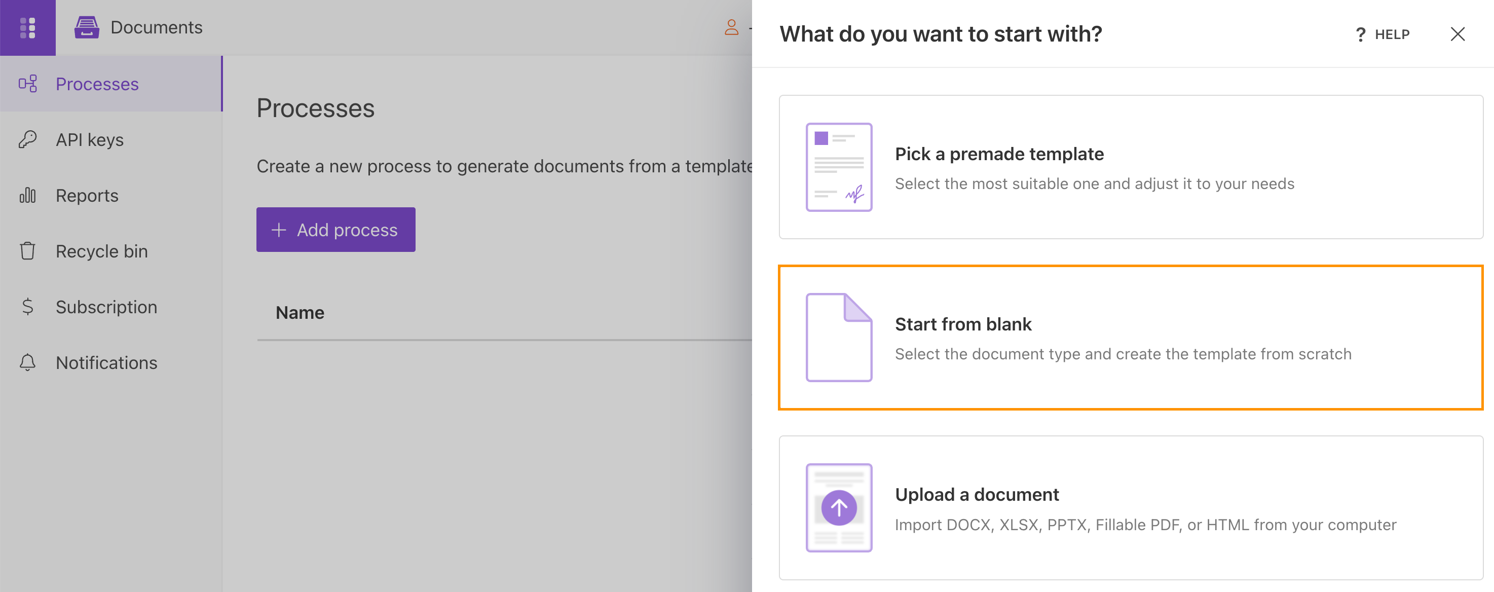 Add Process menu with the Start from blank option