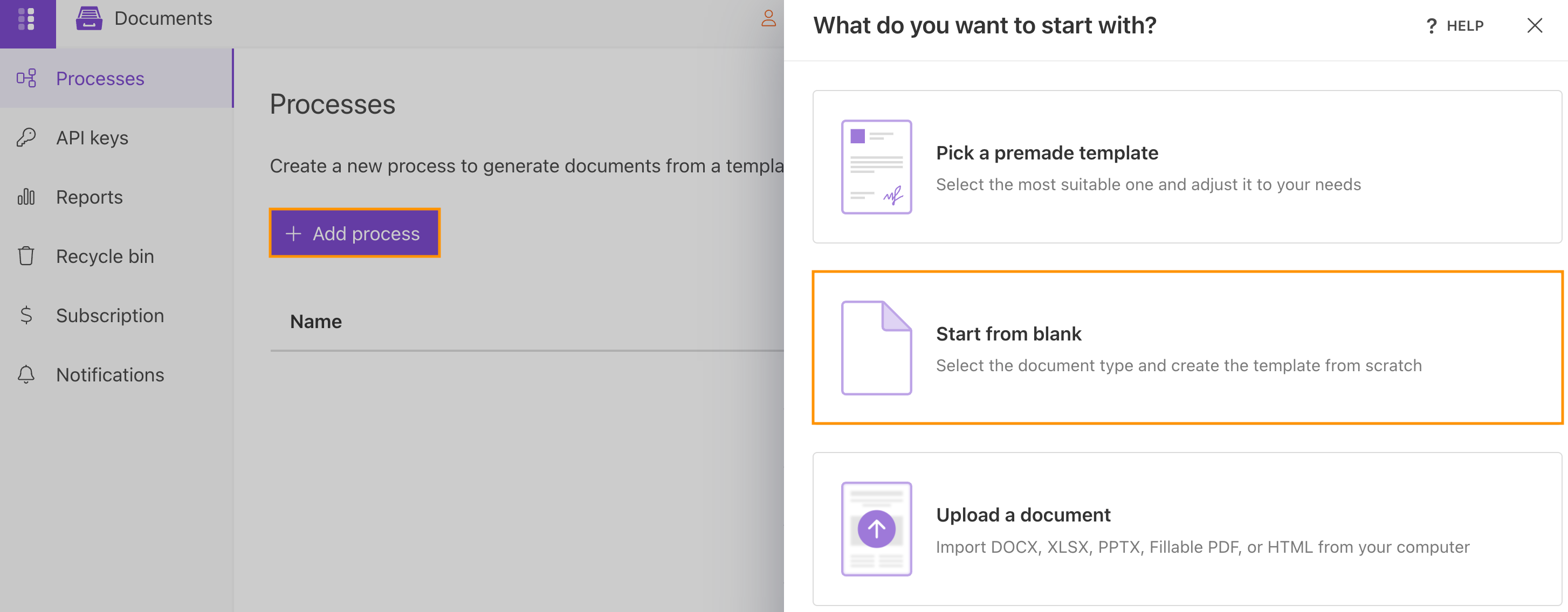Add process button in Plumsail Documents