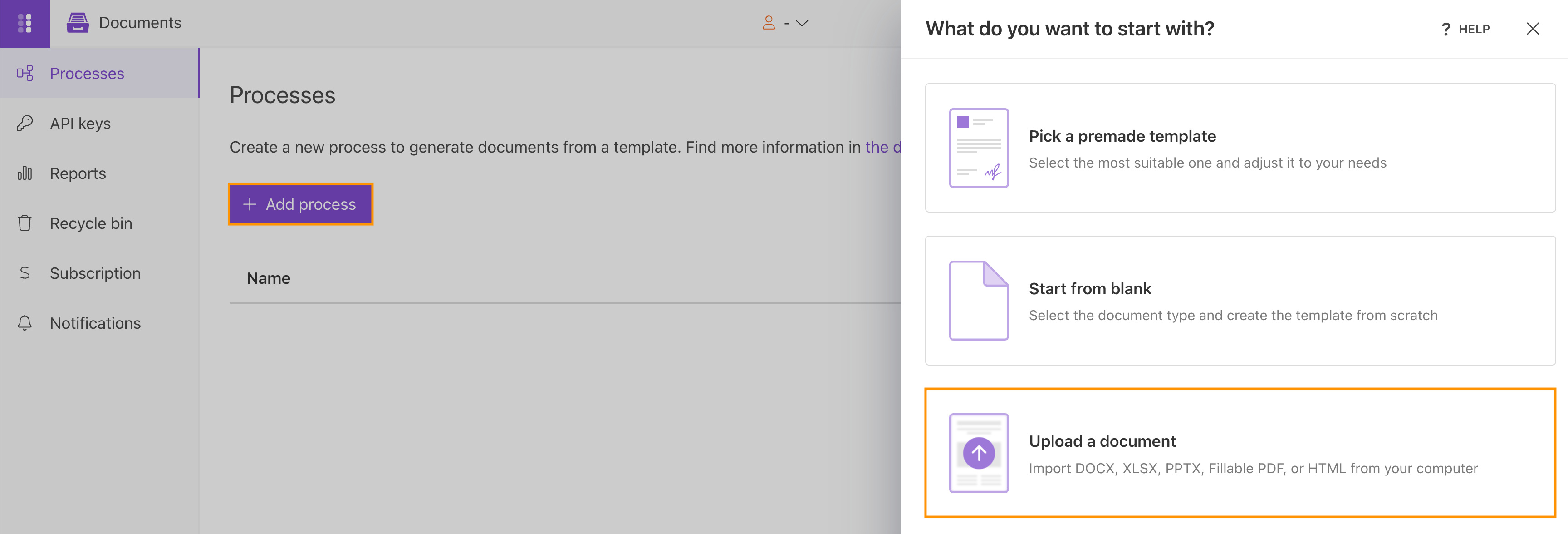Add Process menu with the Upload a document option for an HTML template