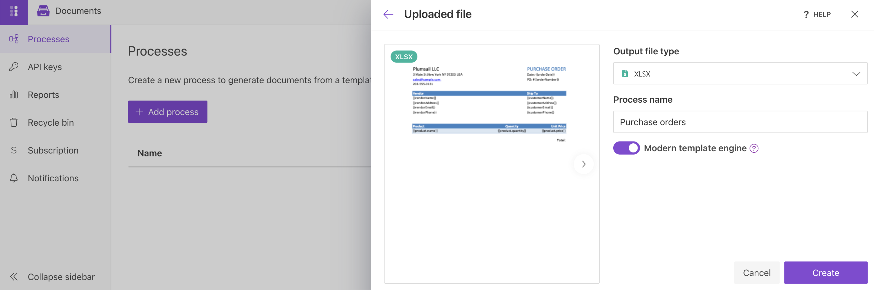 Add Process menu with the Upload a document option