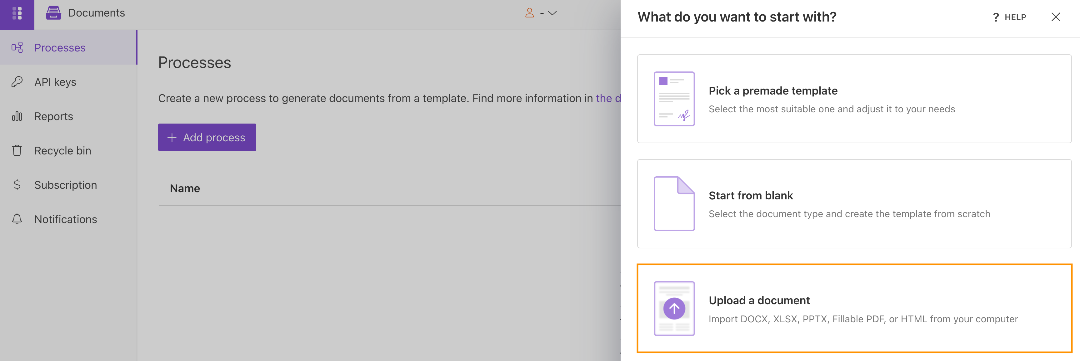 Add Process menu with the Upload a document option