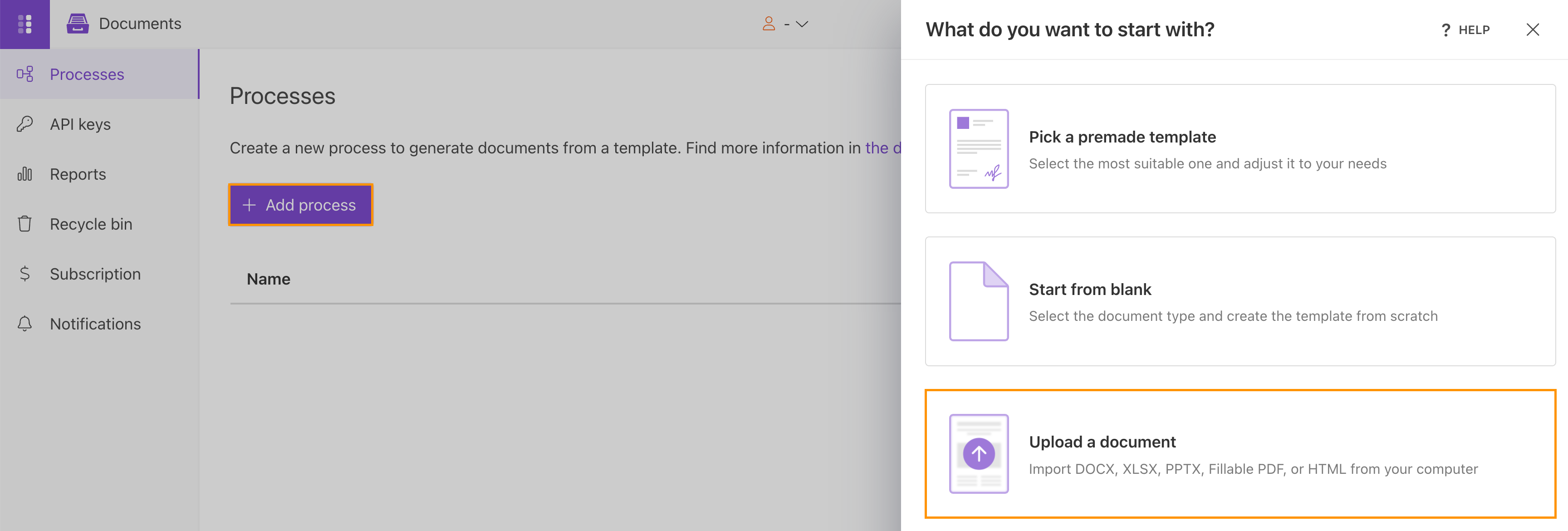 Add a Documents process and upload an HTML document