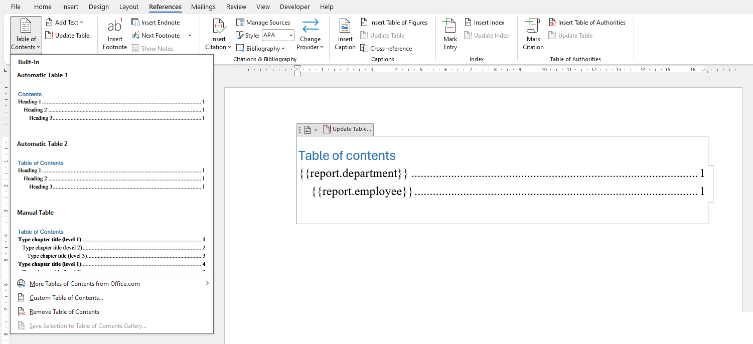 Table of contents added to a DOCX template using the Modern templating engine