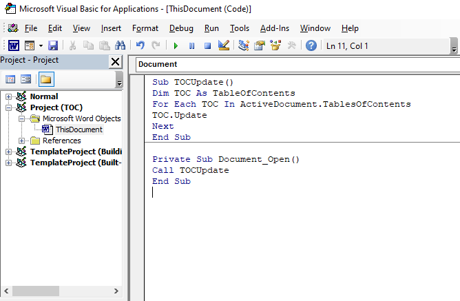 VBA editor with the macro code for updating the table of contents