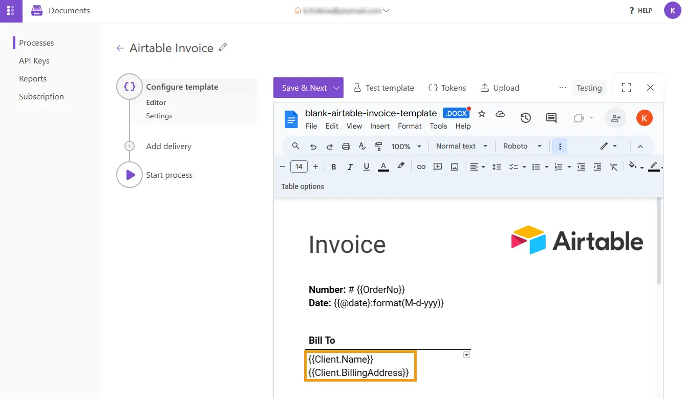 Adding Airtable Tokens to Document Template
