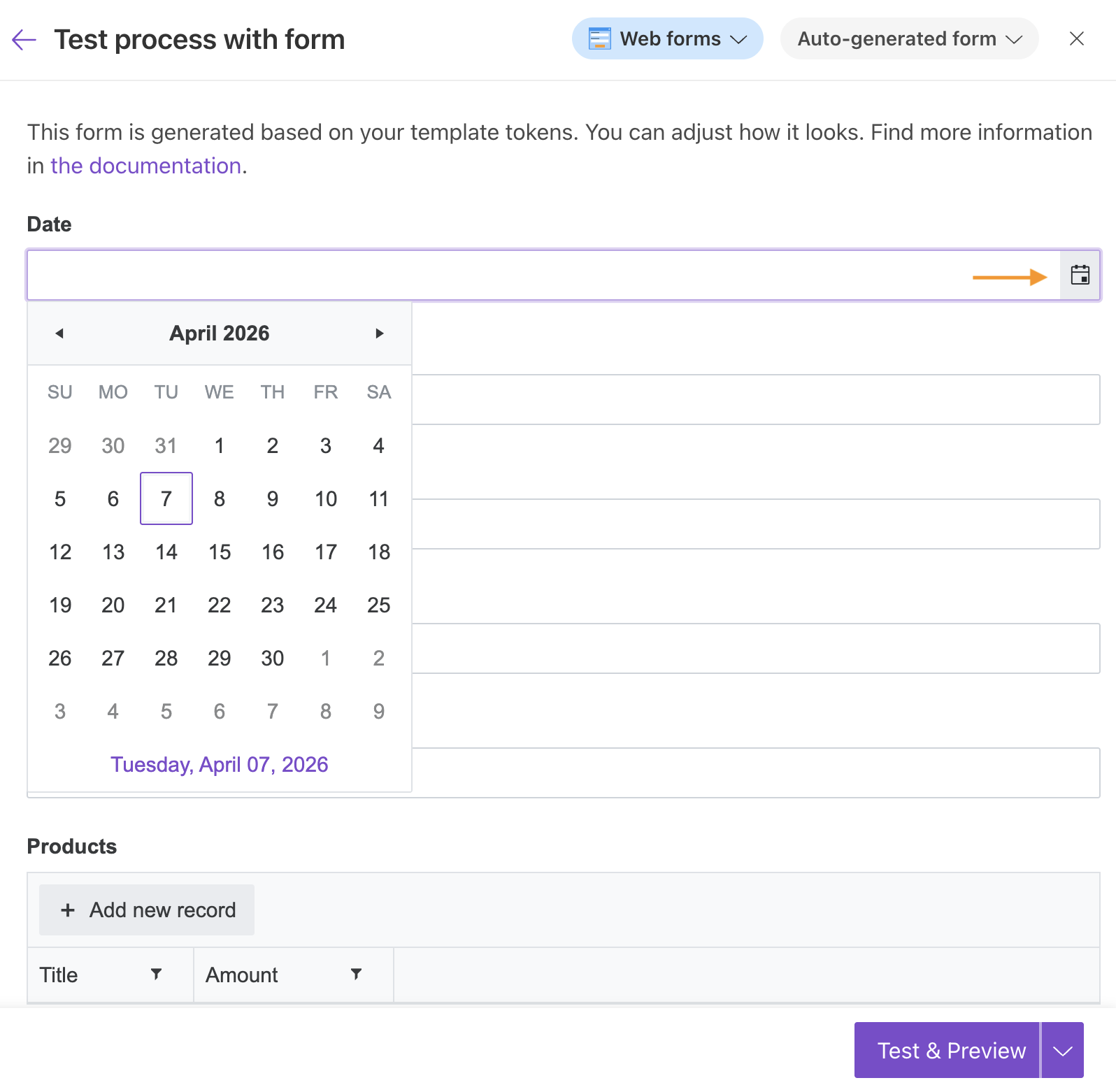 Form with date picker and numeric fields