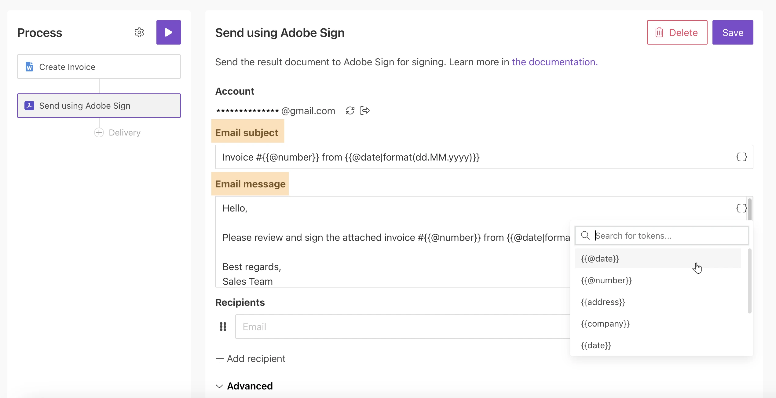 Fill in email subject and body in Adobe Sign delivery