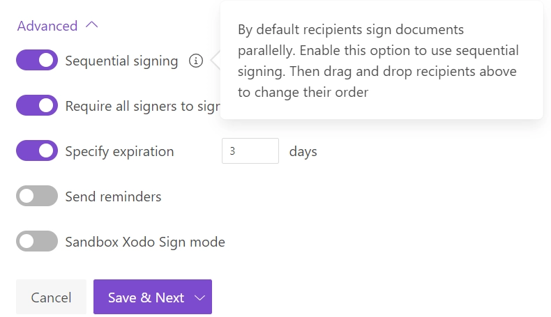 advanced Xodo Sign settings