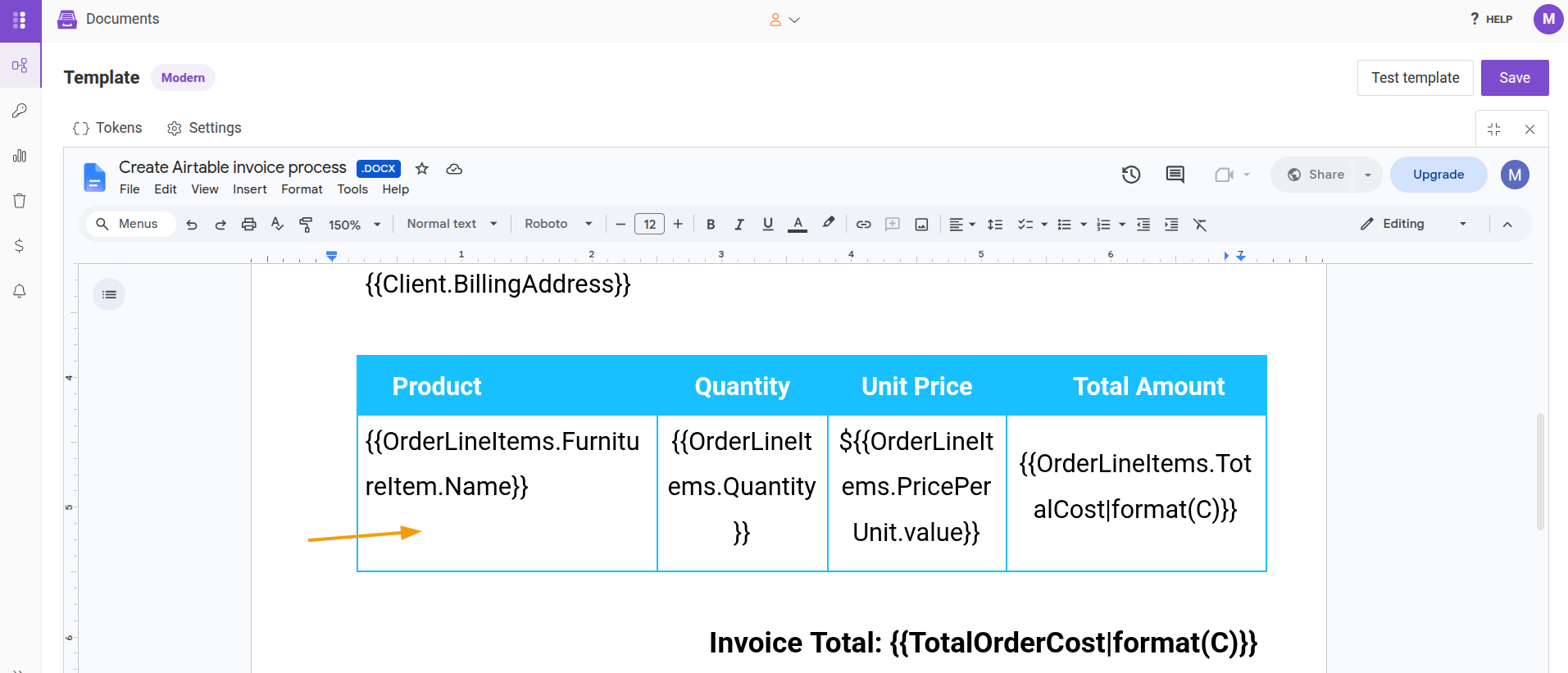 Invoice template in the online editor with the Product column cell where the image token will be inserted