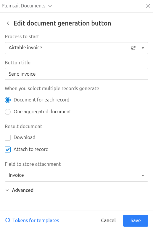 Edit document generation button dialog with the Airtable invoice process, Send invoice title, and Attach to record selected