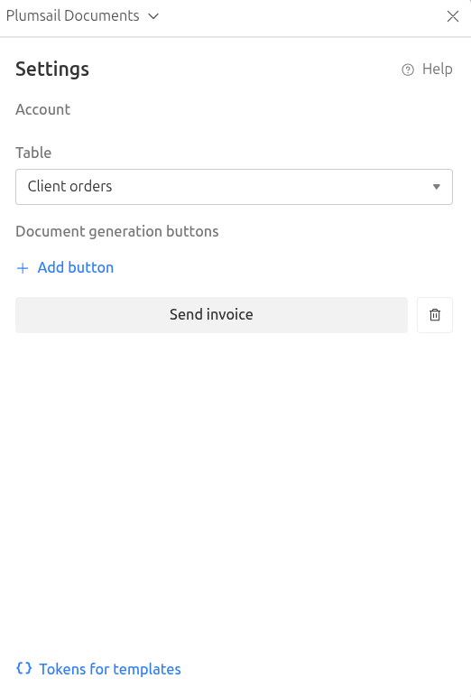 Plumsail Documents extension Settings panel with the Client orders table selected and the Send invoice button listed