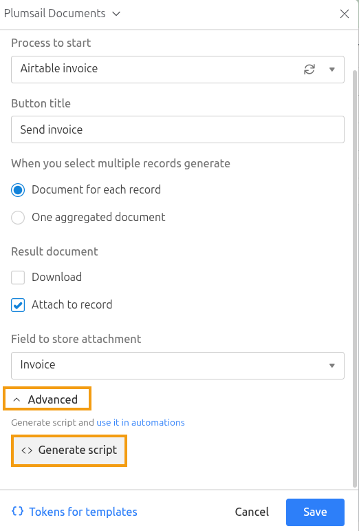 Extension button settings with the Advanced section expanded and the Generate script button highlighted