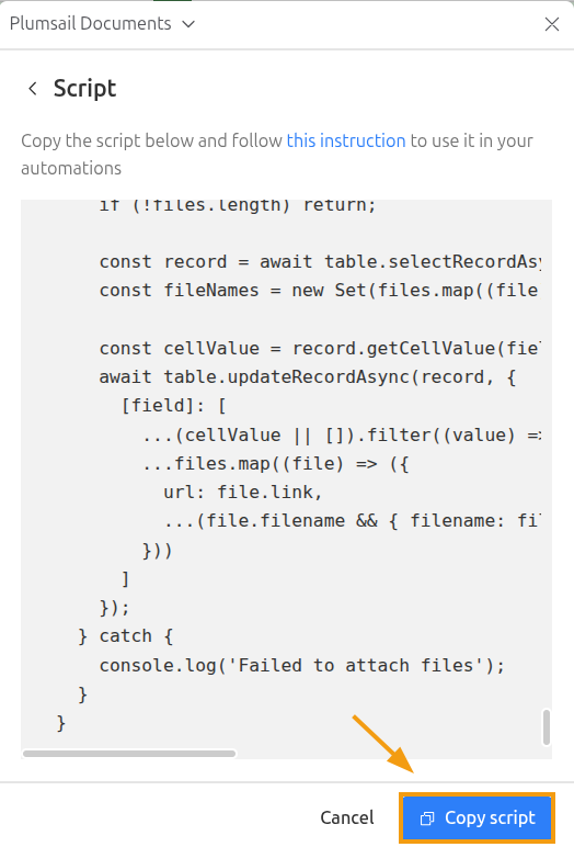 Script panel showing the generated Airtable automation script with the Copy script button highlighted