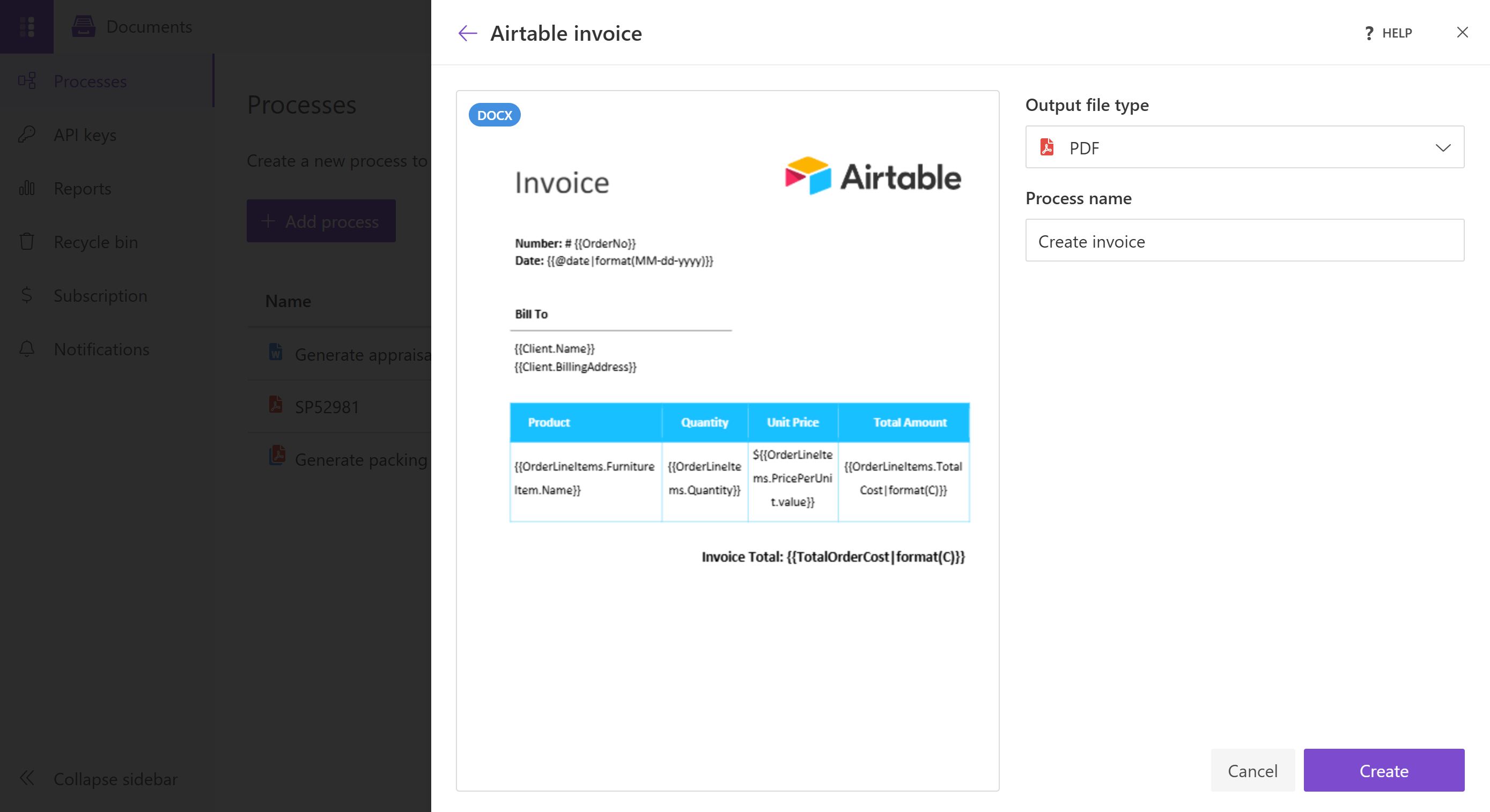 Airtable invoice template preview with Output file type set to PDF and the process named "Create invoice"