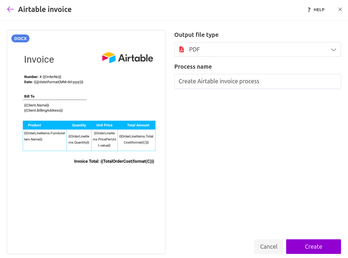 Airtable create process from template