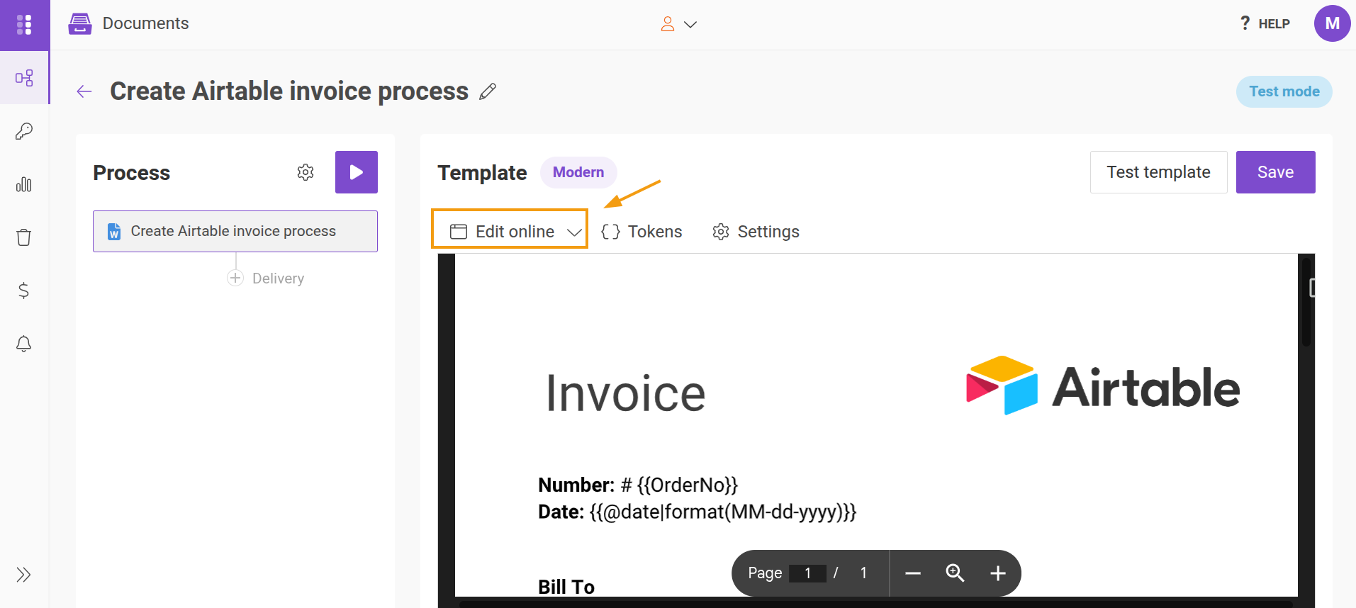 Plumsail Documents process editor for "Create Airtable invoice process" with the Edit online button highlighted