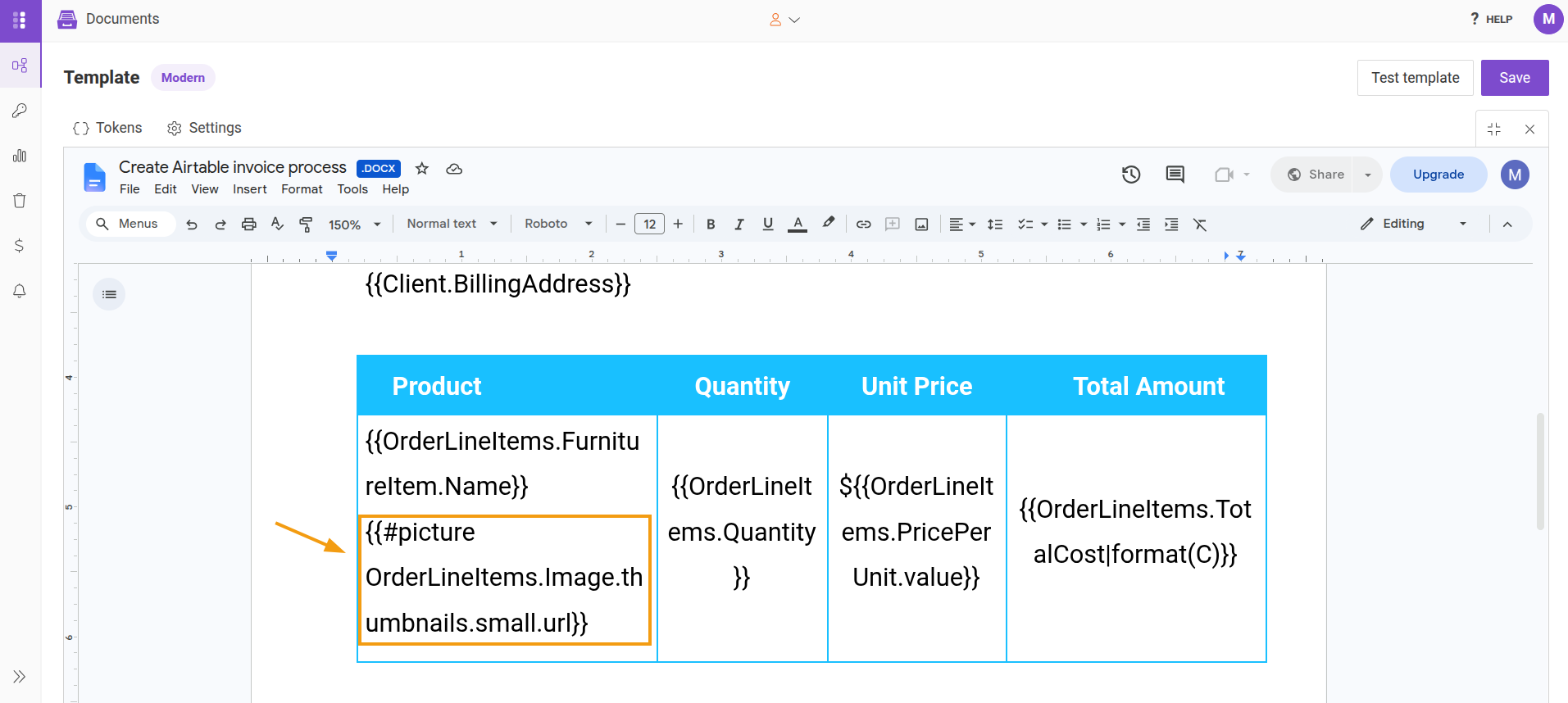 Product column cell containing the token {{#picture OrderLineItems.Image.thumbnails.small.url}}