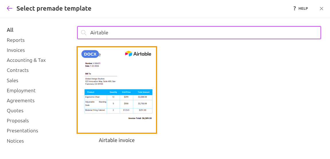 Airtable create process from template