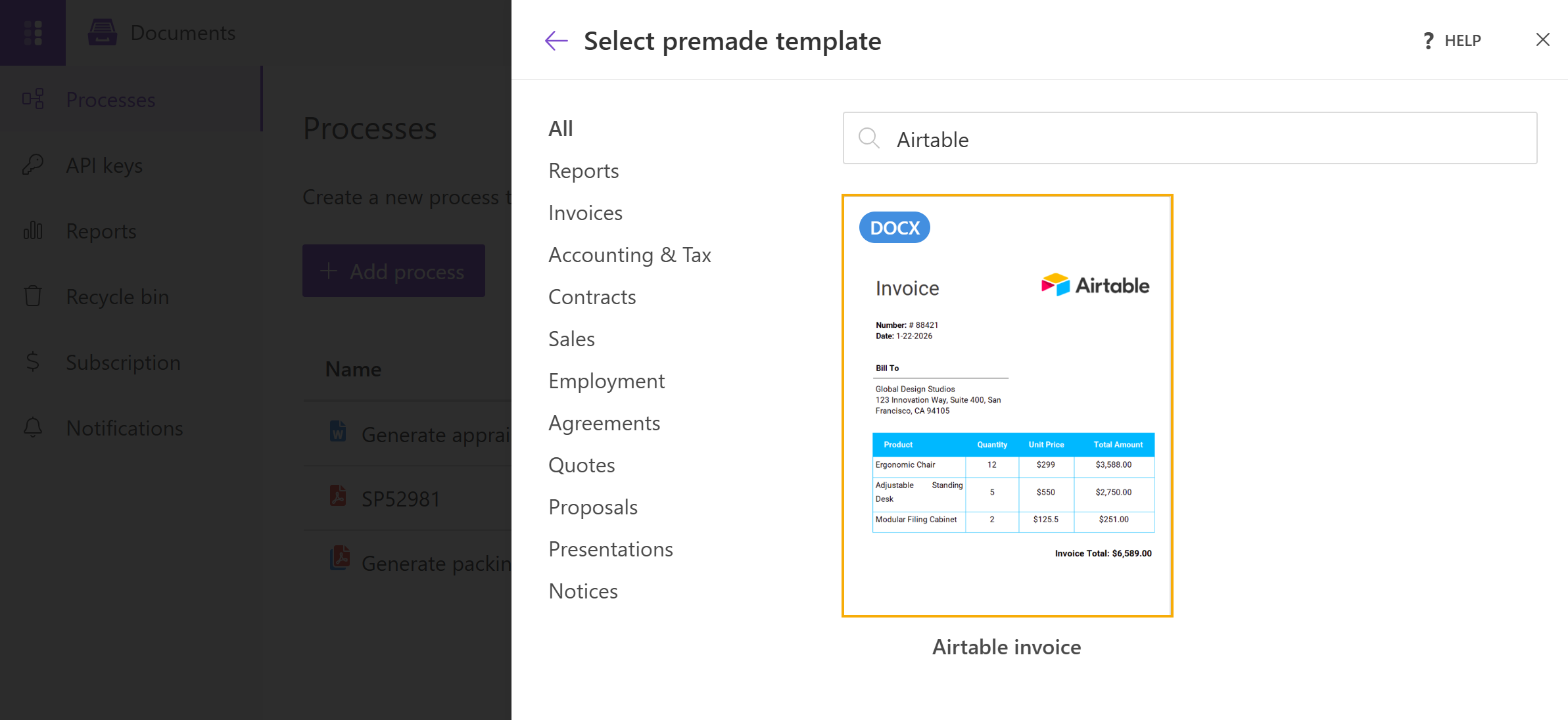 Select premade template dialog with "Airtable" in the search box and the Airtable invoice DOCX template found