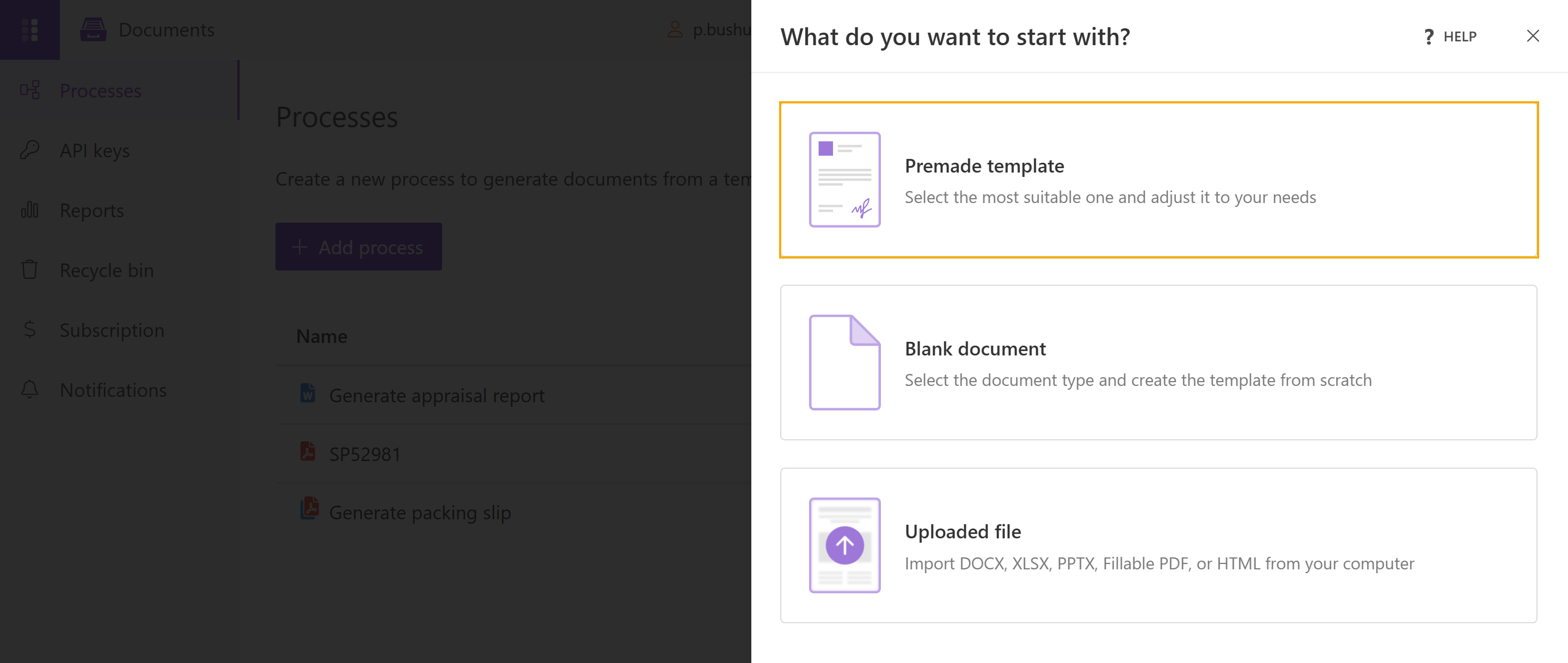Plumsail Documents "What do you want to start with?" dialog with the Premade template option highlighted