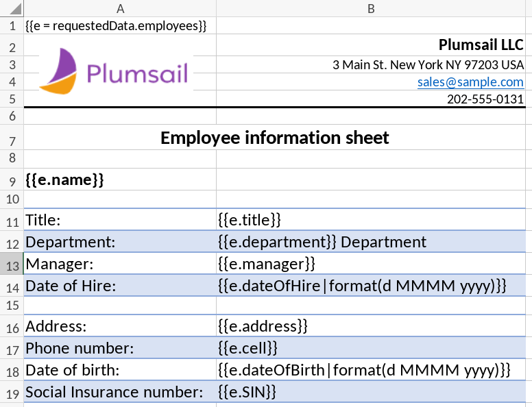 Excel XLSX template showing tokens using a calculated property alias for a nested employees object