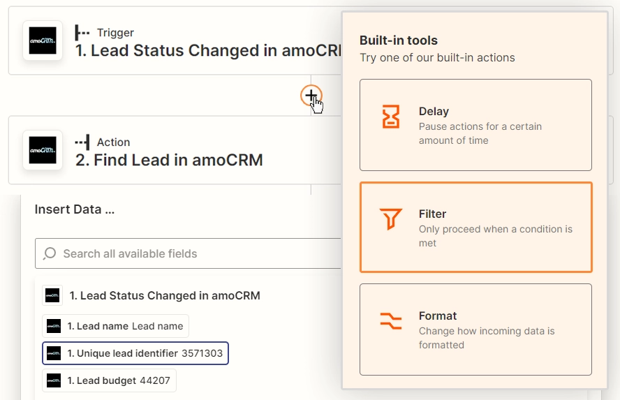 Adding the built-in *Filter* action