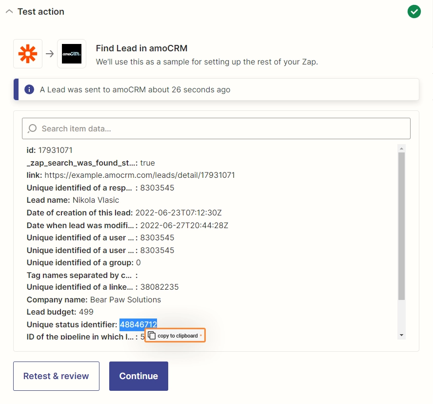 Copy the status ID from the 'Unique status identifier' field in the output of the action