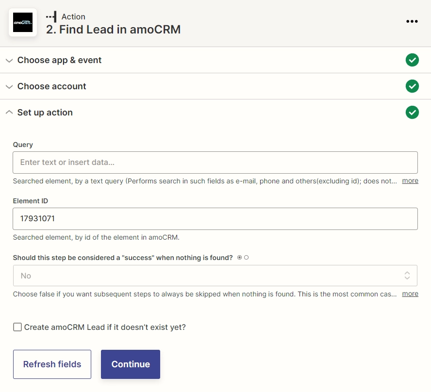 Find lead in Kommo - Set up action - Zapier